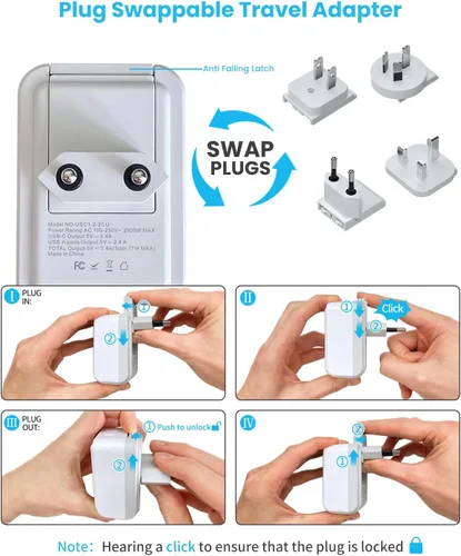 Vista 5 de VINTAR - Kit de adaptador de viaje universal, adaptador de enchufe internacional con 3 puertos USB (2 USB C, 3.4 A) y 2 salidas americanas, tipo A