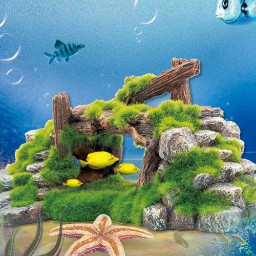 Vista 5 de S-Lifeeling Decoración de pecera Musgo Rockery Plantas de piedra Ruinas de madera Paisajismo Tortuga Tanque Decoración Pescado Refugio de camarones
