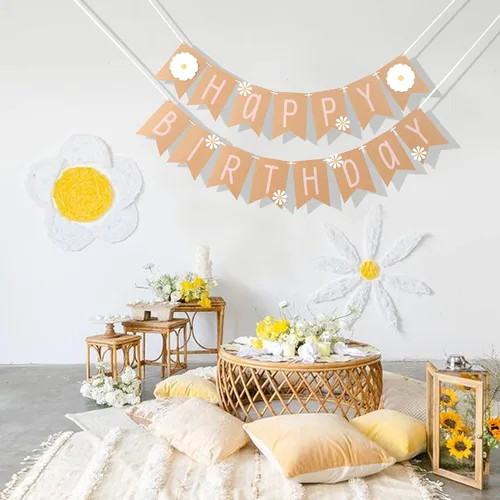 Vista 3 de Cartel de feliz cumpleaños de margaritas, tema de flores silvestres, decoración de primer cumpleaños