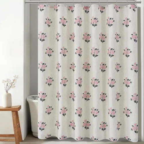 Vista 11 de ORTIGIA Cortinas de ducha negras para baño, juego de cortina de ducha moderna de lino con ganchos de metal, floral, impermeable, vintage, tela