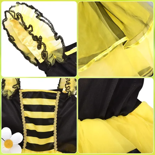 Vista 4 de Latocos Bumble Bee Costume Kids Girls with Tutu Dress Wings Bags Dress Up Pretend Play Birthday Halloween Gifts Ages 3-10