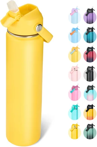 Vista 15 de Fijinhom Botella de agua aislada de acero inoxidable de 18 oz, de boca ancha, de doble pared, con vacío, con pajita de silicona, a prueba de sudor