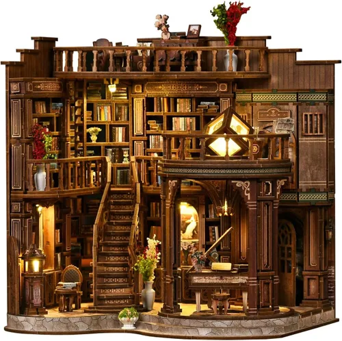 Vista 16 de Kit de rincón de libros para bricolaje con luz LED, casa de muñecas en miniatura, rompecabezas de madera 3D, decoración de estantería, regalo