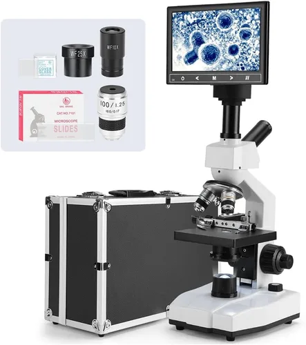 Vista 8 de [Versión de sangre] Vabiooth Microscopio monocular compuesto de doble visión 40X-2500X aumento con pantalla LCD de 7 pulgadas, ocular electrónico