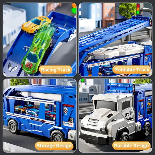Vista 3 de Juego de camiones de transporte para niños de 3 en 1 con pistas de juguetes para niños de 2 a 4 años con 12 juguetes de autos de carreras, pista