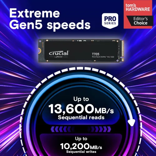 Vista 2 de Crucial T705 PCIe Gen5 NVMe SSD de 1 TB, hasta 13,600 MB/s, TLC NAND, compatible con Intel y Ryzen, para juegos intensivos y almacenamiento de alta