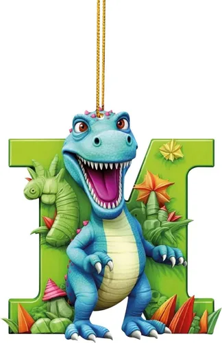 Vista 16 de Adorno de Navidad personalizado de dinosaurio de 26 letras, adornos colgantes 2023, monograma inicial de plástico, decoraciones de árbol de Navidad