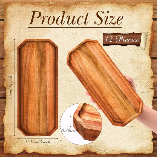 Vista 2 de Dandat Paquete de 12 platos de madera de acacia para servir de 12 x 5 pulgadas, bandeja rústica rectangular para charcutería, plato de queso