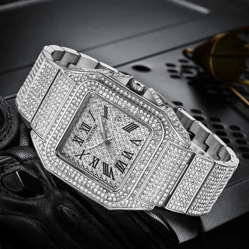 Vista 3 de Gosasa Reloj de Moda Hip Hop para Hombre, con Detalles de Cristal, Reloj Bling Bling, Caja Rectangular, Correa de Pulsera de Acero Inoxidable, Reloj