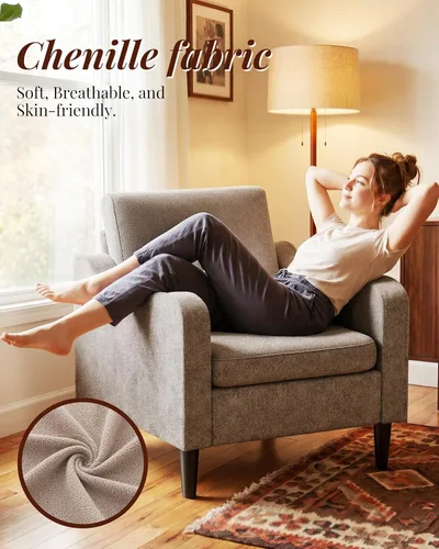 Vista 5 de LEVELEVE Silla con brazo Accent – marrón claro, silla de lectura cómoda tapizada para sala de estar, dormitorio, apartamento, sala de espera