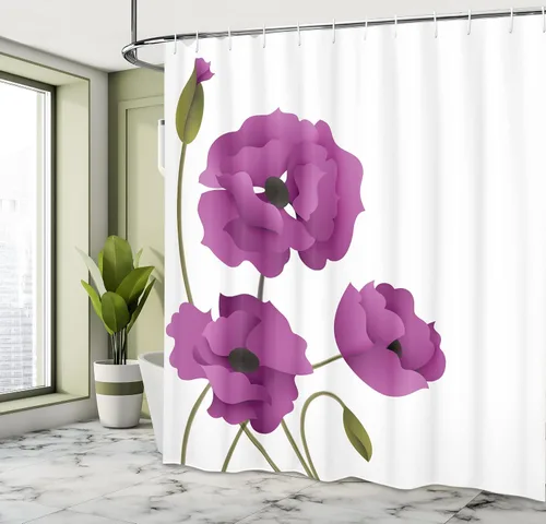 Vista 4 de Ambesonne Cortina de ducha floral, flores de amapola, pétalos vívidos, brotes de pureza pastoral, diseño de madre tierra y naturaleza, juego