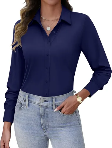 Vista 11 de HOTOUCH Camisas con botones para mujer, de manga larga, elásticas, sin arrugas, blusas de trabajo, ajustadas, para la oficina