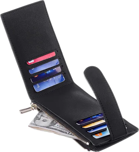 Vista 8 de Chelmon Cartera de mujer delgada con bloqueo RFID, billetera plegable con varios compartimientos para tarjetas con bolsillo con cremallera, Negro