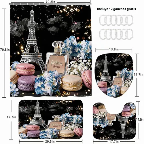 Vista 2 de Chrainy Juego de 4 cortinas de ducha de la torre Eiffel de París, botella de perfume, flores, negro, decoración de baño con 12 ganchos
