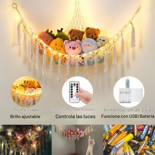 Vista 2 de Hamaca de animales de peluche con 75 LED, hamaca de macramé de almacenamiento de juguetes extragrande de 55 pulgadas, red de juguetes colgante