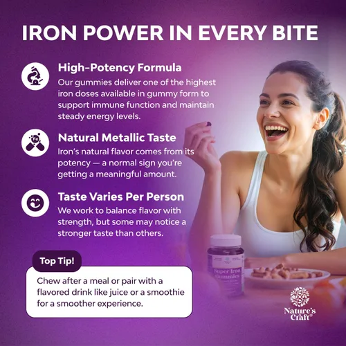 Vista 2 de Gomitas de suplemento de hierro extra fuertes para mujeres y hombres, hierro masticable con vitamina C y complejo B para constructor de sangre
