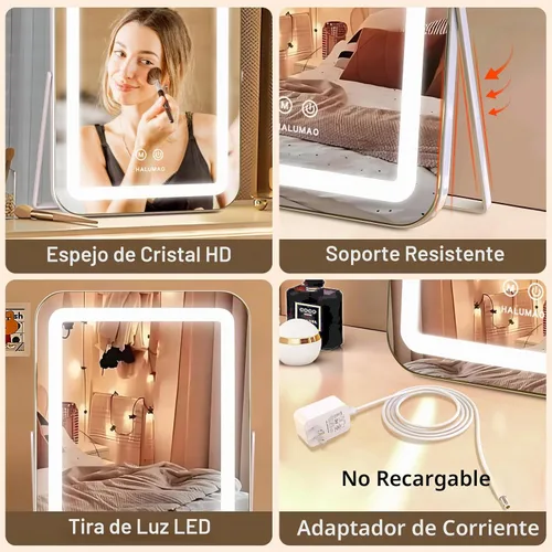 Vista 5 de halumao Espejo de tocador con luces, espejo de maquillaje iluminado de 14.5 pulgadas, espejo de maquillaje LED con luces para mesa de dormitorio