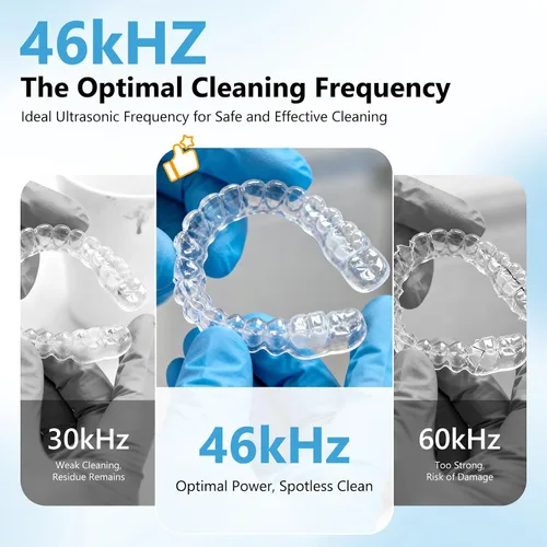 Vista 4 de Máquina limpiadora ultrasónica recargable, 46 kHz portátil de limpieza dental para protectores bucales nocturnos, aparatos ortopédicos, joyas