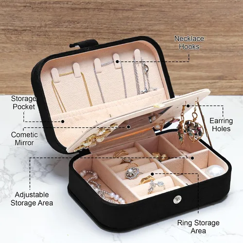 Vista 3 de Fixwal Joyero pequeño de viaje, joyero de viaje, organizador de joyas de terciopelo de felpa para mujeres y niñas, joyero portátil con espejo