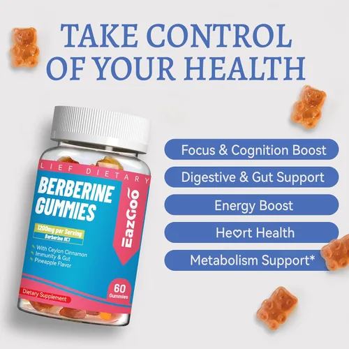 Vista 2 de Gomitas de berberina con canela de Ceilán, suplemento HCI de berberina de 1200 mg para metabolismo y apoyo energético, vegano, sin gelatina, 60