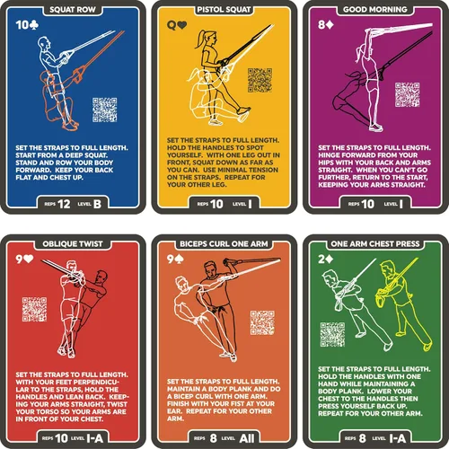 Vista 6 de Stack 52 Tarjetas de ejercicio de suspensión compatibles con todos los entrenadores de suspensión. Juego de entrenamiento de resistencia
