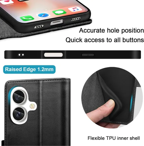 Vista 3 de KEZiHOME Funda de piel auténtica compatible con iPhone 16, con bloqueo RFID, con soporte para tarjetas, función atril magnético, funda protectora