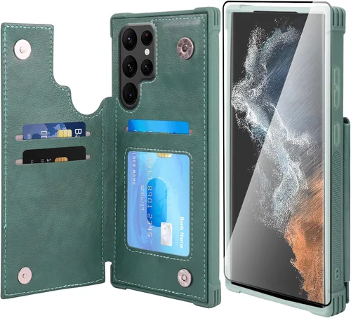 Vista 8 de VANAVAGY Funda tipo cartera compatible con Galaxy S22 con soporte para tarjetas de bloqueo RFID, piel sintética, cierre magnético, función atril