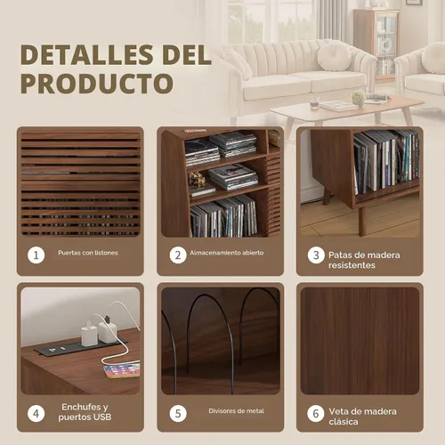 Vista 6 de Jluomei Soporte grande para tocadiscos, soporte para tocadiscos de mediados de siglo con puertas y estación de carga, mesa para tocadiscos