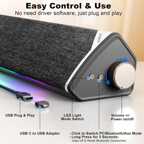 Vista 3 de SOULION Altavoces de computadora Bluetooth con cable alimentados por USB para PC de escritorio USB Plug & Play, 5 modos dinámicos de luces LED RGB