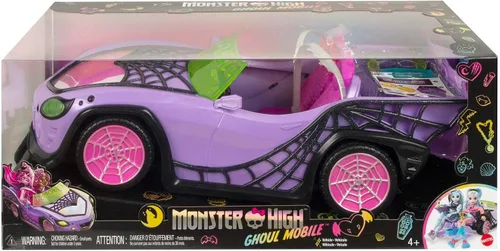 Vista 6 de Coche de juguete Monster High, vehículo Ghoul con accesorios para mascotas y enfriadores, convertible púrpura con detalles de telaraña