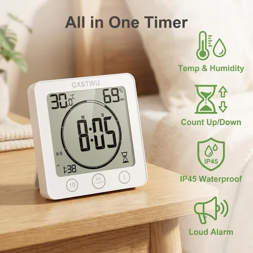 Vista 6 de Reloj de ducha digital, reloj temporizador de baño, resistente al agua para rociar agua, alarma de cuenta regresiva, temporizador de pantalla