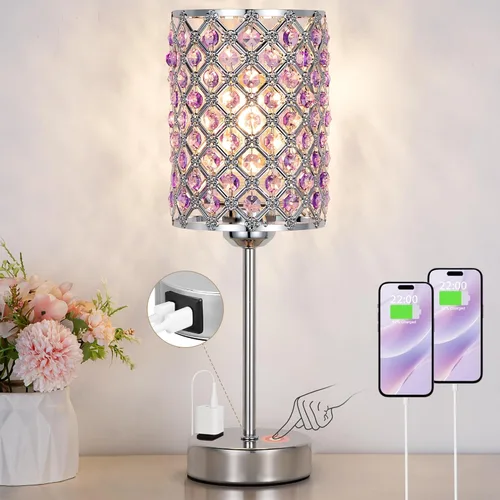 Vista 16 de Lámpara de mesa de cristal con control táctil, lámpara de mesita de noche regulable con puertos de carga USB-C+A y CA, lámpara USB dorada de 3 vías