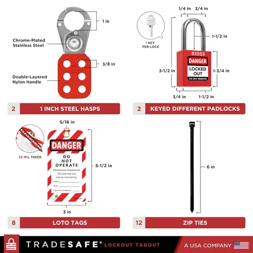Vista 3 de TRADESAFE Kit de etiquetado de bloqueo con cerrojos, etiquetas de bloqueo, cerraduras Red Loto - Kits de etiquetas de bloqueo eléctrico
