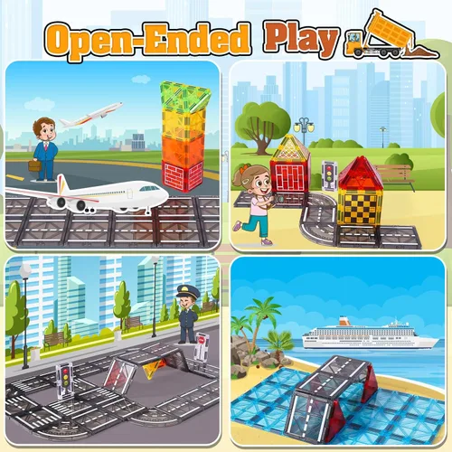 Vista 3 de Laminados magnéticos juguetes de construcción para niños - Set de carretera con grúa magnética para niños de 3-5 4-8 8-10 años, Set de expansión