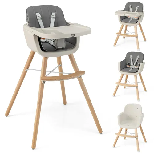 Vista 13 de BABY JOY Trona convertible para bebé, 3 en 1, silla alta de madera/asiento elevador/silla con bandeja extraíble, patas ajustables, arnés de 5 Beige