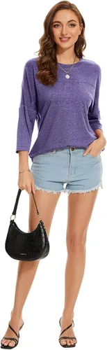 Vista 98 de ZENNILO Camisetas casuales de manga 3/4 para mujer, holgadas, cuello redondo, lindas camisetas básicas