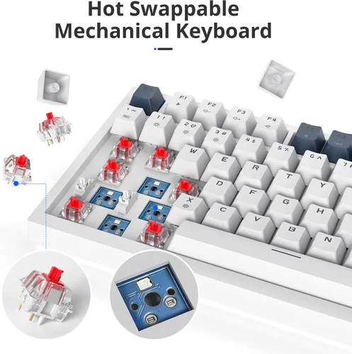 Vista 4 de Owpkeenthy Teclado mecánico para juegos con cable al 75 %, junta de 82 teclas con perilla de volumen, interruptor rojo lineal intercambiable