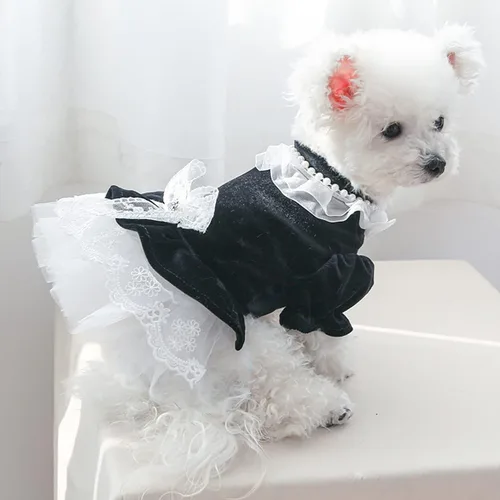 Vista 3 de Ropa para perros pequeños, vestidos de terciopelo para perro, lindo vestido de princesa con lazo, ropa para mascotas, trajes de verano de encaje