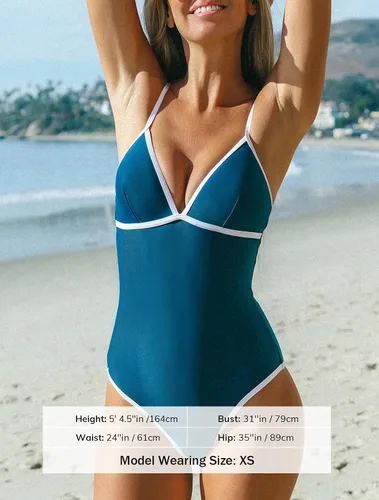 Vista 4 de CUPSHE Traje de baño de una pieza para mujer, con control de abdomen, cuello en V, bloque de color, adelgazante