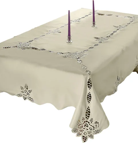 Vista 4 de Violet Linen Betenburg Mantel con diseño de encaje, blanco, 70 pulgadas, redondo