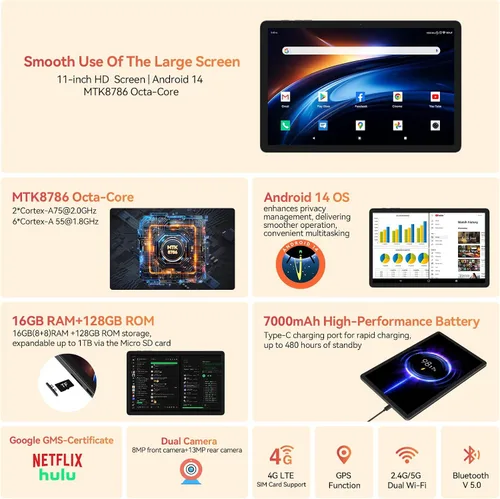 Vista 2 de Tabletas Android de 11 pulgadas, tableta Android mejorada 2026 con teclado, 16 GB de RAM+128 GB de ROM/1 TB prescindible, procesador Octa-Core