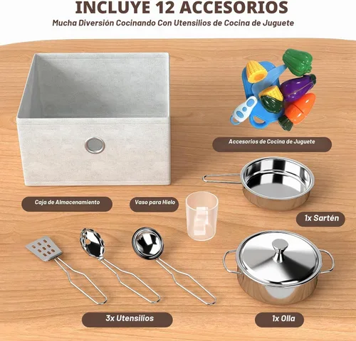 Vista 9 de JOYLDIAS Juego de cocina de madera para niños pequeños con luces y sonidos Marrón