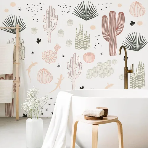 Vista 6 de Calcomanías de pared de cactus para dormitorio, calcomanías de pared de cactus dibujadas a mano, calcomanías de pared de cactus de vinilo para sala
