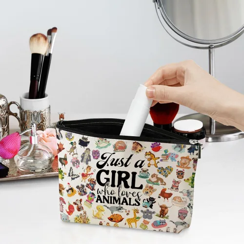 Vista 2 de jeilink Linda chica ama a los animales, bolsa de maquillaje divertida de viaje, bolsa de aseo de viaje, recuerdos de fiesta de animales, decoración