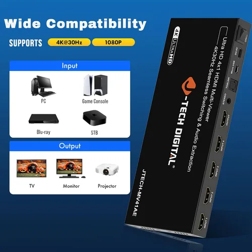 Vista 5 de J-Tech Digital Interruptor multivisor HDMI 4K 4 entradas 1 salida, 4x1 4K 30Hz HDMI Quad Multiviewer conmutador sin interrupciones con PiP, 6 modos