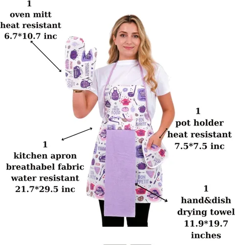Vista 3 de Juego de 4 delantales de cocina, resistente al agua y a las manchas, tela transpirable, guantes y guantes para horno, soporte para ollas, toalla