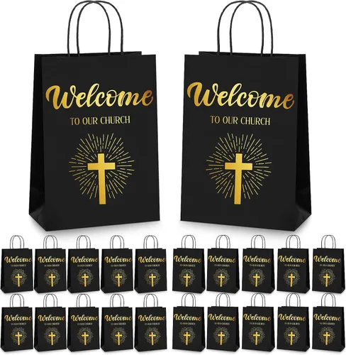 Vista 9 de Chuangdi 50 bolsas de regalo de bienvenida a la iglesia, bolsas de papel cristiano con asas para invitados, día de la madre, baby shower, Azul