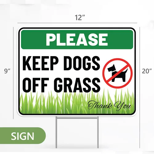 Vista 3 de Letrero con estaca con estaca con texto en inglés "Keep Dogs Off Lawn con estaca", plástico corrugado, con texto en inglés "Please Keep Dogs Off