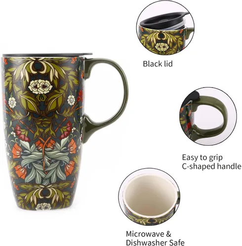 Vista 4 de Topadorn Taza de café de cerámica para regalo con tapa de 17 onzas, taza de té alta de porcelana con asa para el hogar y la oficina, taza de regalo
