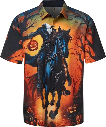 Vista 29 de Camisa de Halloween para Hombre de Hardaddy, de Manga Corta, con Botón, con Estampado Gracioso, Camisa Casual Negro